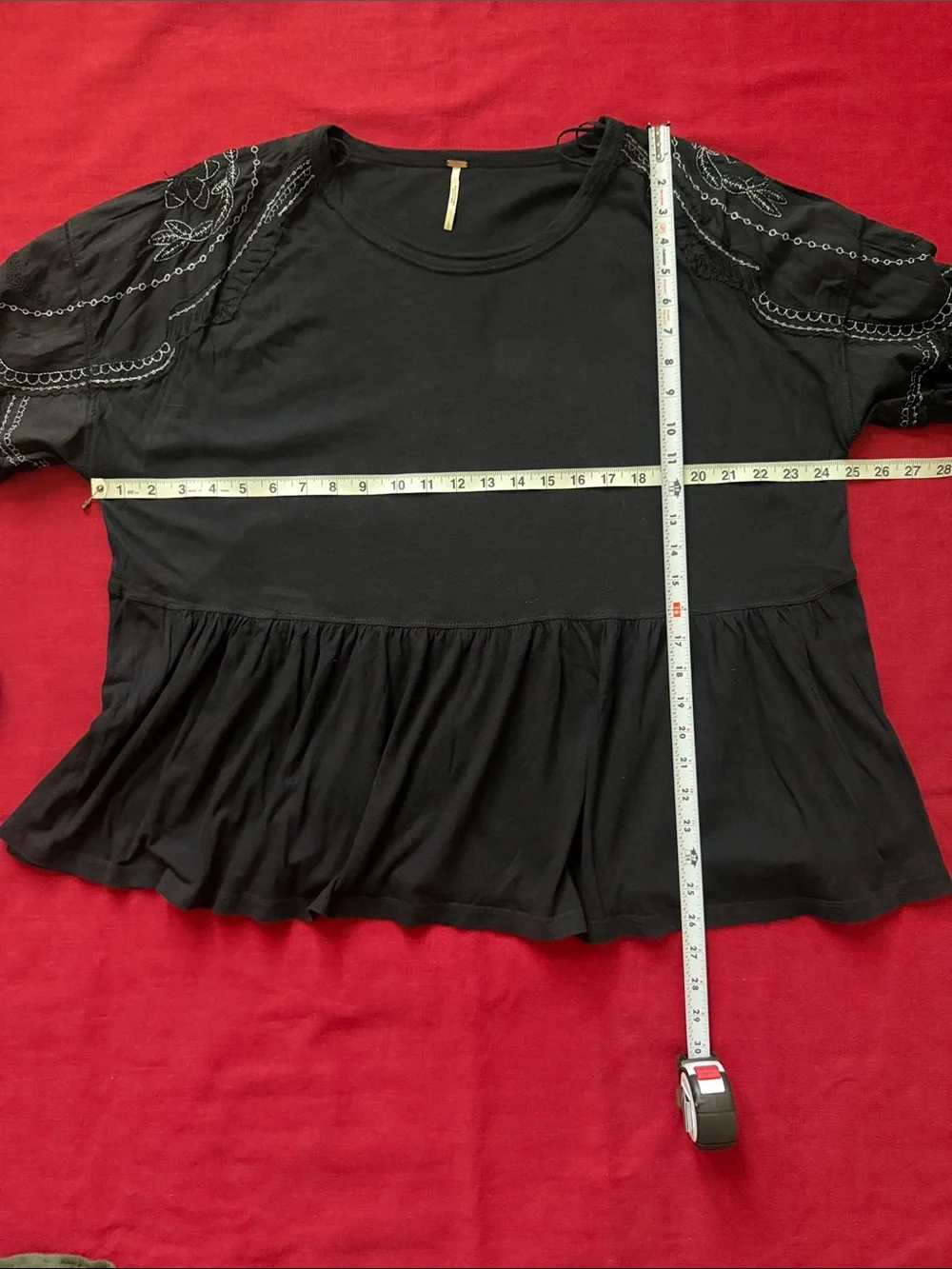 Free People Sz L Black Penny Peplum Long-Sleeve Top with Embroidered Sleeves